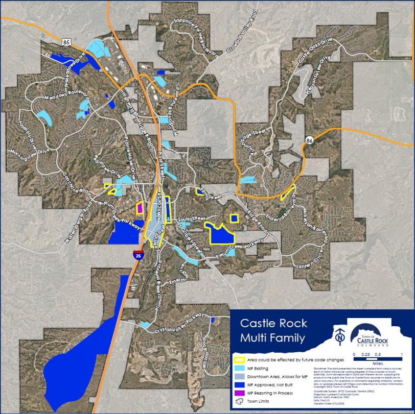 A map of Castle Rock showing where multifamily developments are in light blue and where they could be in dark blue. The town council is considering changing the town code to increase parking requirements for multifamily developments. Areas that would be impacted by a change in the town code have a yellow border.